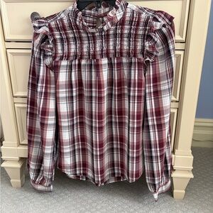 Loft Plaid Ruffled Smocked Yoke Blouse - Burgundy & White